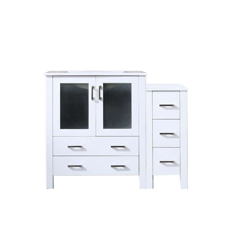 Meuble-lavabo de 107 cm (42 po), blanc - Structure en bois massif et dessus en céramique - Armoire latérale avec rangement - Technologie de fermeture amortie - Système de structure durable - Résistant aux taches et aux égratignures