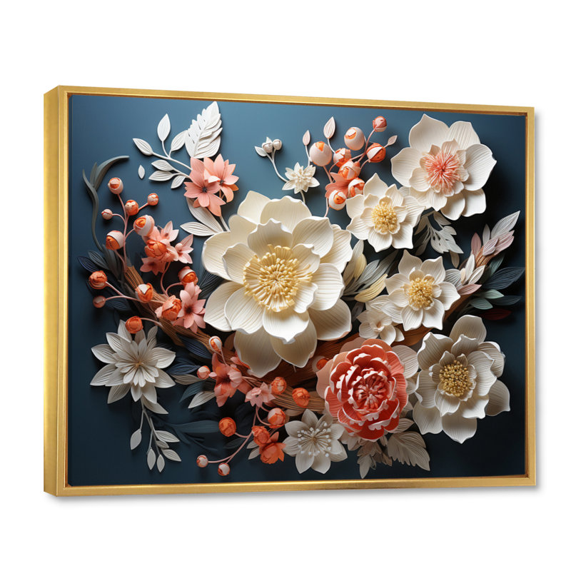 Art asiatique, fleurs éternelles I - impression, Cadre flottant doré, H 12 po x l 20 po x P 1 po
