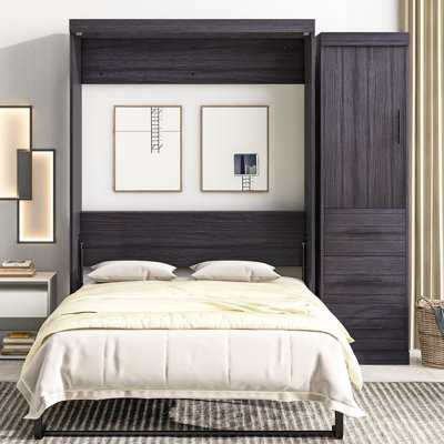 Lit gris avec options de rangement polyvalentes - se plie dans l'armoire, possède une armoire et des tiroirs de couleur tiroir, armoire