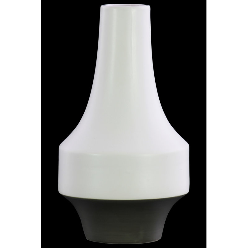 Stoneware Round Vase with Long Neck, Grey Banded Rim Base and Tapered Bottom SM Matte Finish White