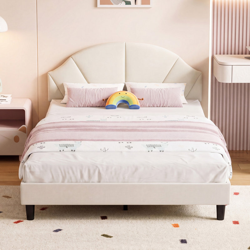 Children Bed, Single Bed with Petal Anti-Collision Headboard, Low Safety Design Sturdy Wooden Frame Bed Frame for Girls Bedroom, No Box Spring Needed