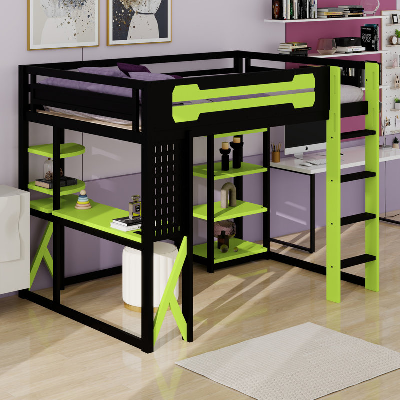 Lit mezzanine complet avec bureau, tablettes, Noir/vert