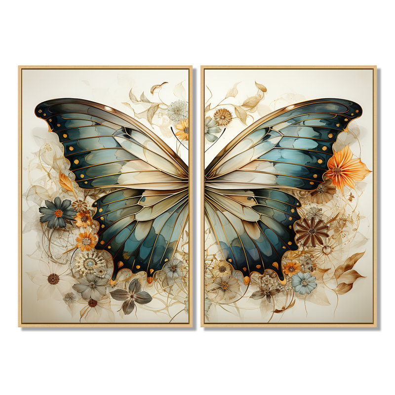 Papillon beige sarcelle, motifs complexes - ensemble de 2 reproductions d'animaux, H 36 po x l 48 po, Crème, crème
