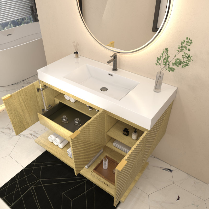 Ensemble de meuble-lavabo mural 48 pouces avec portes et tiroir intérieur Moreno Stella, Chêne et teck