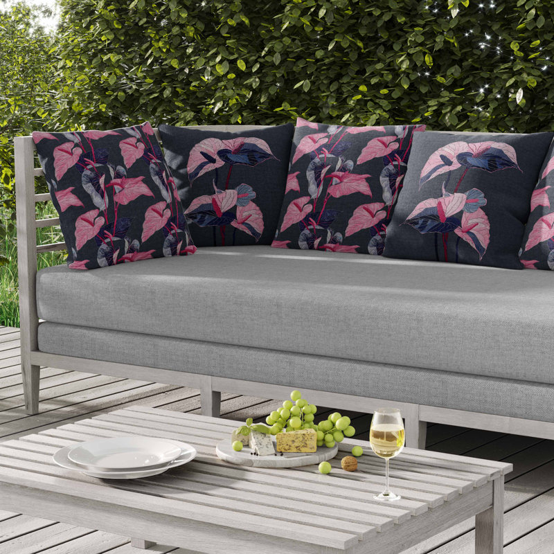 Coussin intérieur / extérieur Anthurium Bloom, Rose / Gris, Carré 16 po