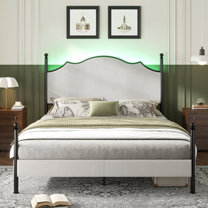 Lark Manor Upholstered Bed Frame With 51.2" Tall Headboard, Metal Four Poster/LED/Easy Assembly, White, Queen