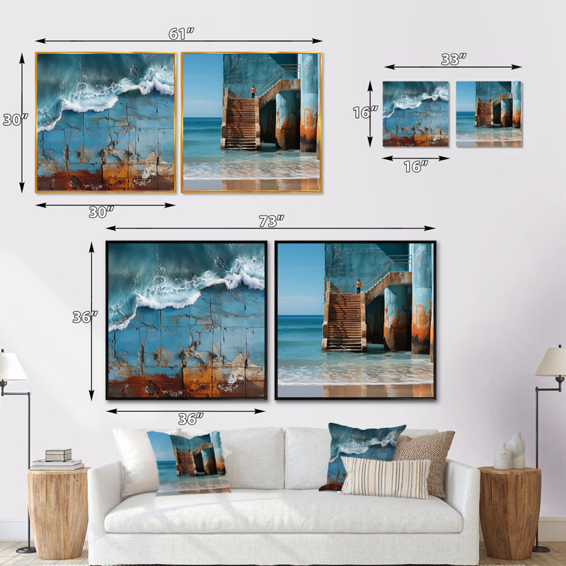 Beach Pier Urban Waterscapes - ensemble de 2 collages carrés carrés, Toile tendue, H 30 po x l 61 po