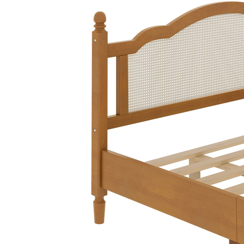 Lit plateforme très grand en bois avec tête de lit en rotin naturel, cadre de lit rétro avec support en lattes de bois, noyer