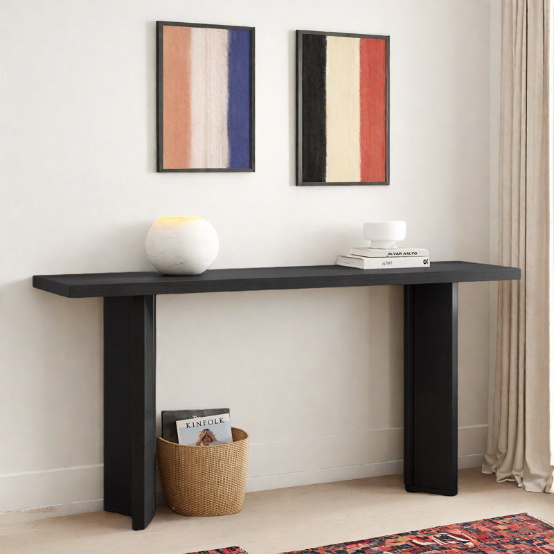 Console moderne avec structure de forme géométrique et grain de bois, Noir