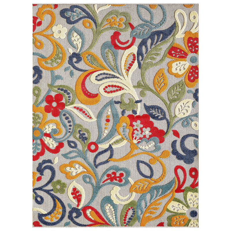 Tapis décoratif extérieur ivoire et bleu Vesselin, Rectangle 7 pi x 9 pi