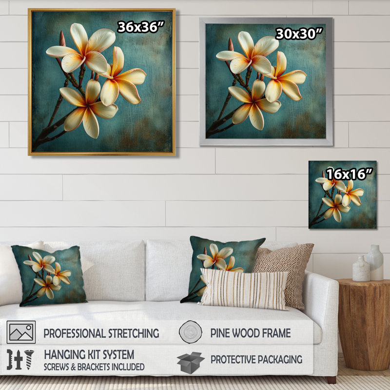 Fleur de plumeria blanc rétro bleu sarcelle I - salon d'art mural Plumeria, Cadre flottant brun, bois massif