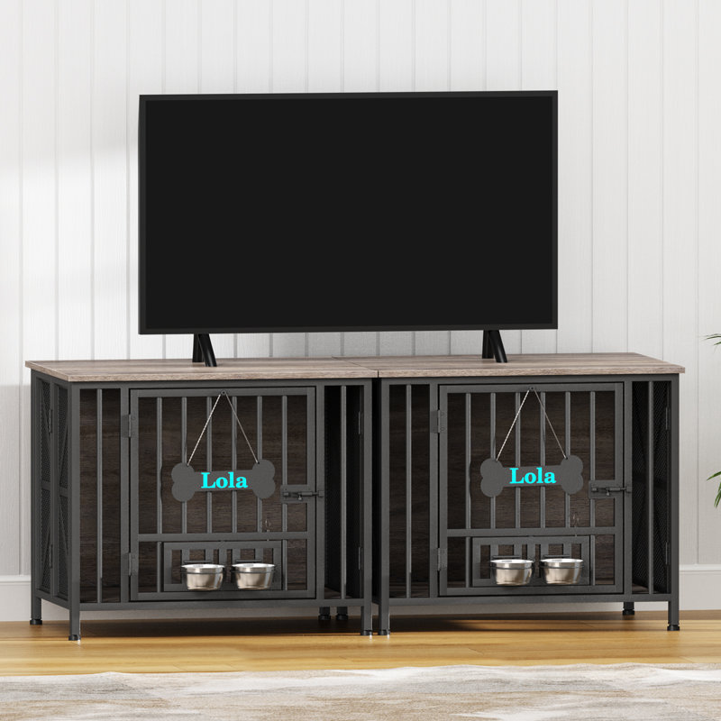 Large Foldable Dog Crate Furniture, Assembly-Free Dog Crate With Adjustable Bowls And Name Tag For Small, Medium, Large Dog