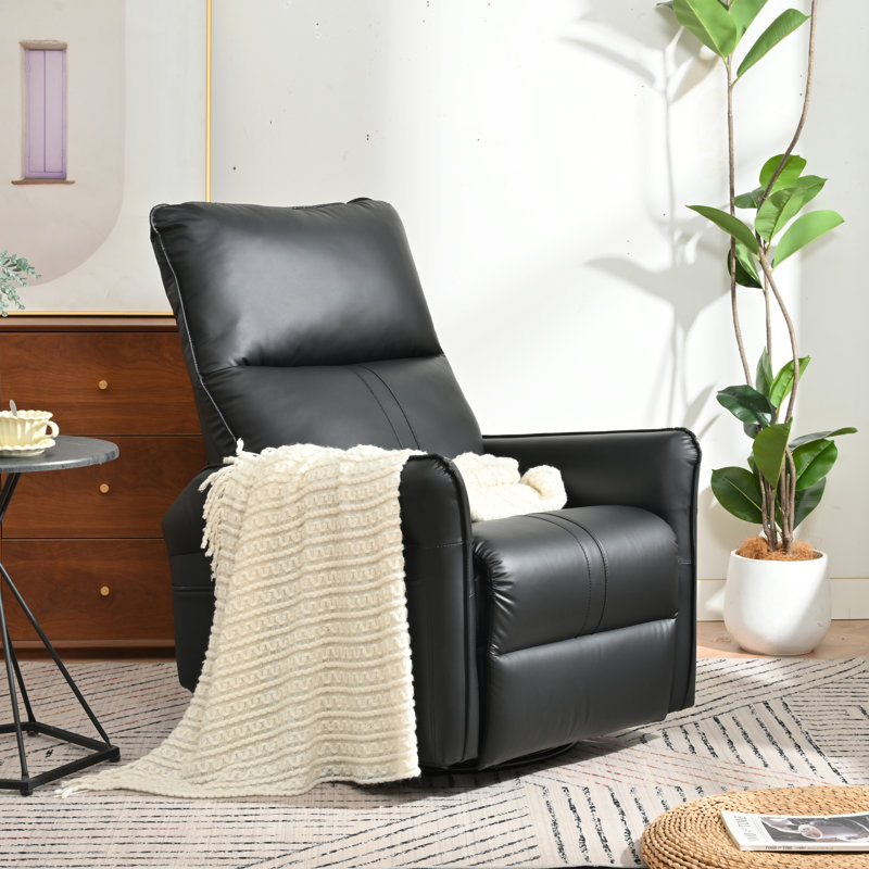 Black Manual Rocking Recliner Chair,360°Swivel Nursery Rocking Chair,Glider Chair,Modern Small Rocking Swivel Recliner Chair for Bedroom,Living Room Chair Home Theater Seating,Side Pocket(Black PU)