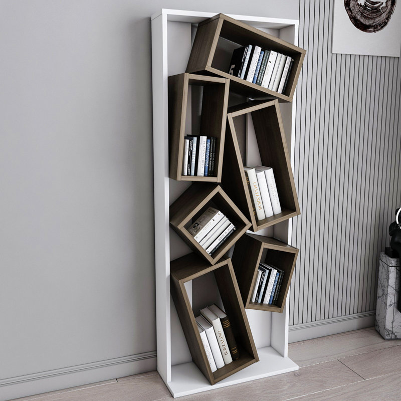Modern Bookshelf, White & Walnut, 24.0 x 63.0 x 60.5 inches | 100% Melamine Coated Particle Board, Thickness: 0.7 inches | Stylish Storage Solution for Home, Office & Study, Elegant Design for Novelty Spaces