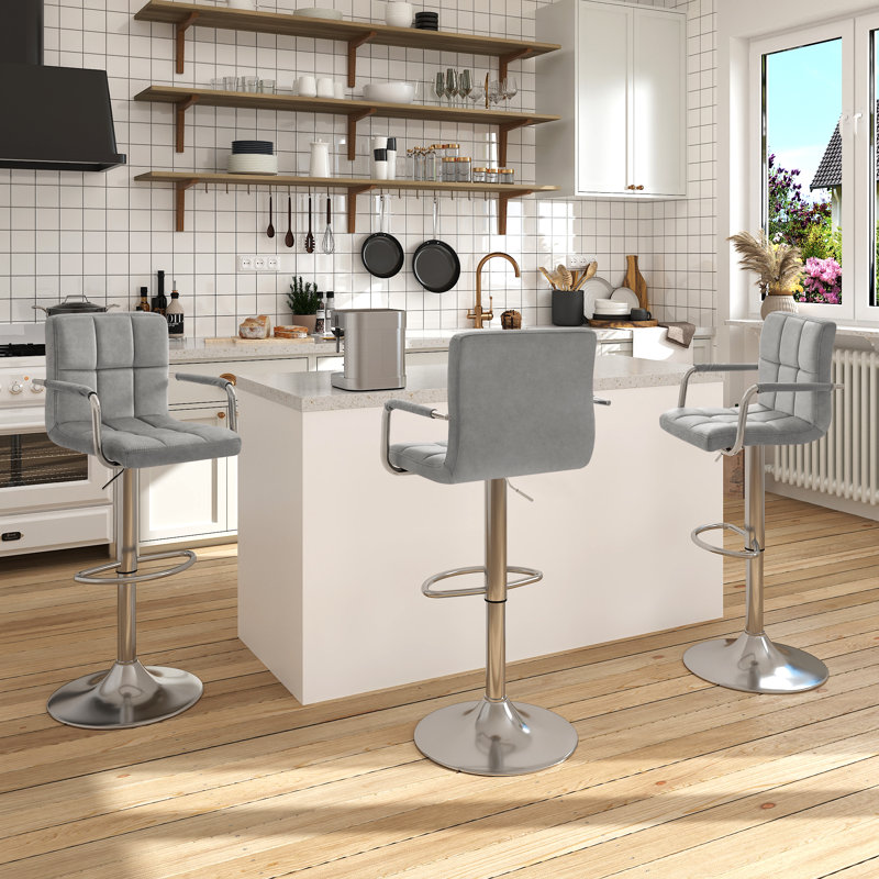 Brychan Swivel Upholstered Adjustable Height Counter Stool with Metal Frame, Light Gray Velvet