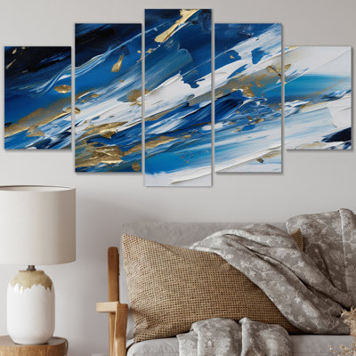«Essential Blue Abstract Minimal Wave», reproduction d'art abstrait mural - 5 panneaux
