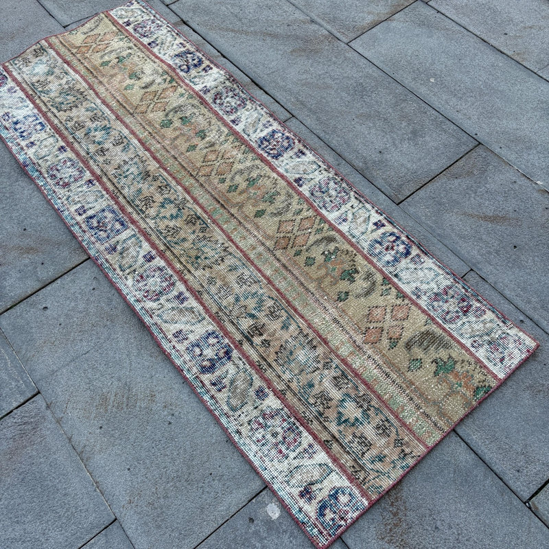 Antique Turkish Vintage Patchwork Runner Rug in Faded Green for Boho Style Decor