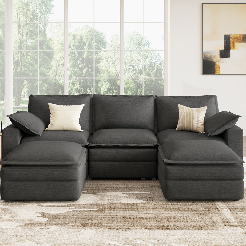 U Shaped Sectional Sofa, Double-layer Cushion Cloud Couch With Ottoman, Modular Sectional For Living Room, Dark Gray