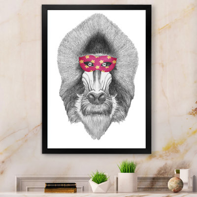 Caricature d'un babouin avec un masque rouge - Peinture sur toile encadrée