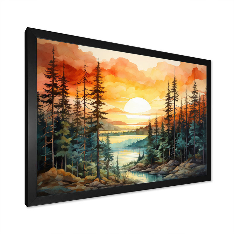 Pin, coucher de soleil brillant II - Pin, art mural, H 24 po x l 32 po x P 1 po, Cadre simple noir