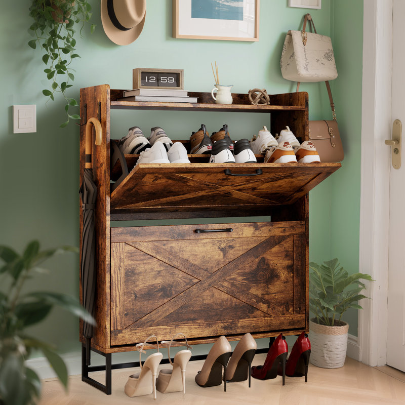 Shoe Storage Cabinet For Entryway With 2 Flip Drawers, Brown