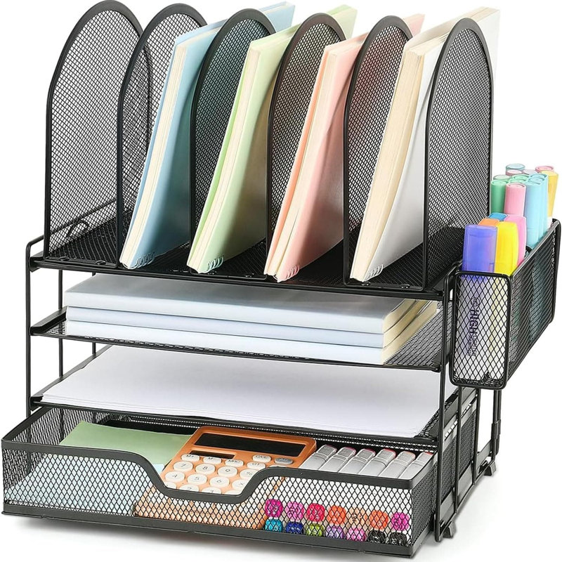 Black Desk Organizer: Drawer, 5 Vertical File Holders & Pen Holders for Office Supplies