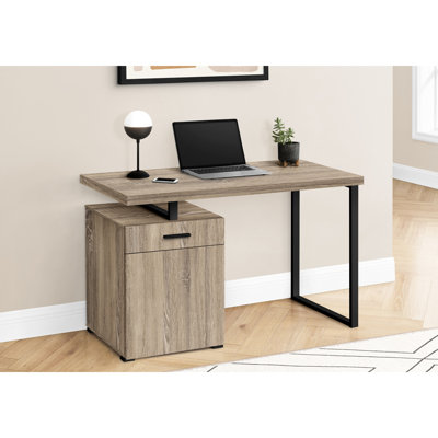Bureau contemporain avec support pour plateau, longueur 122 cm, stratifié taupe et métal noir, grand espace de rangement moderne pour bureau à domicile, pieds brun