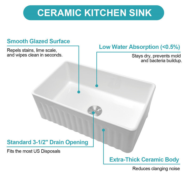 Évier de cuisine blanc - Évier de cuisine réversible à simple cuve en céramique blanche 33 po