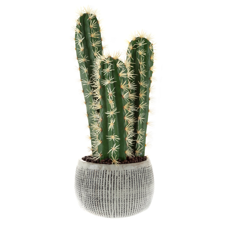 Potted Cactus Fake Plant - 22-inch Artificial Hedge Cactus Succulent in Clay Fiber Pot with Realistic Spikes for Home or Office Decor