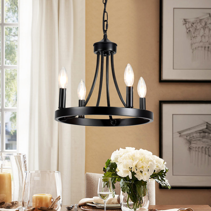 Bhupinder 4 - Light 13" Mini Dimmable Wagon Wheel Chandelier, Matte Black