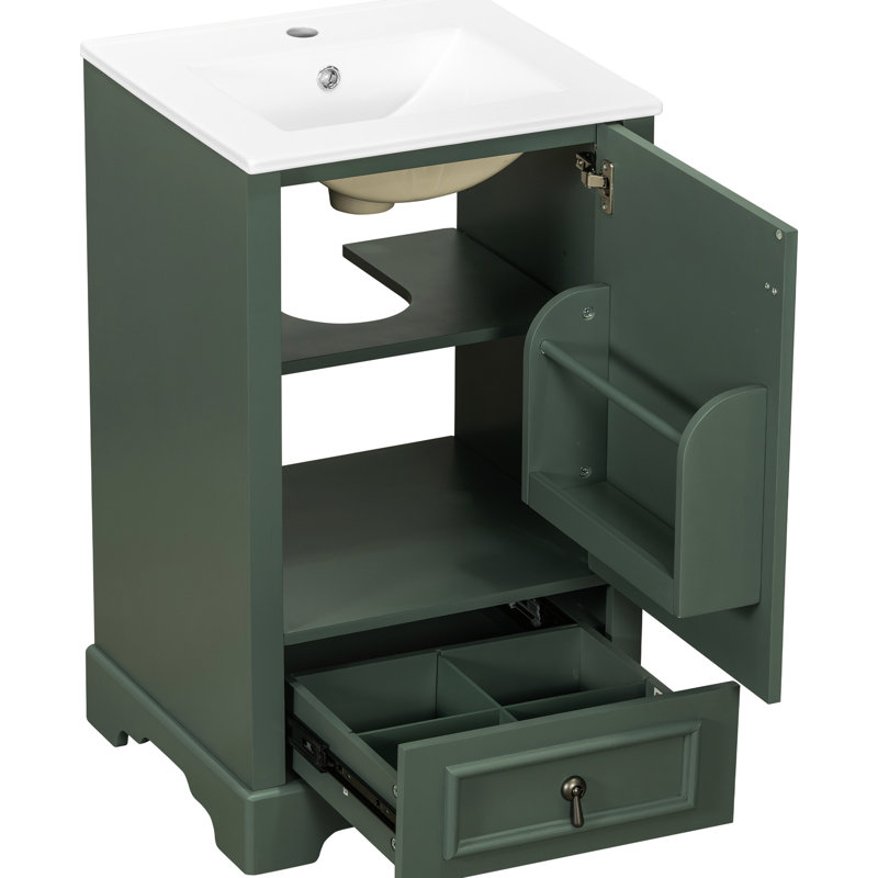 Meuble-lavabo de 20 po peu encombrant avec lavabo en céramique, rangement de porte et tiroir à fermeture en douceur de style moderne avec tablette ajustable de 20 po