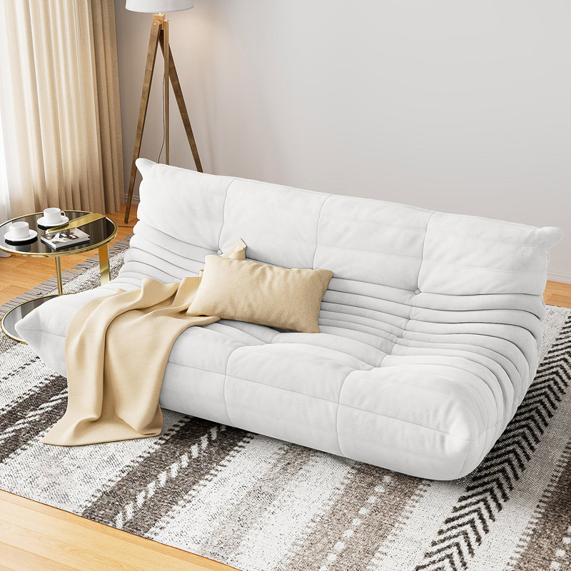 Armless 3-Seat Togo Three Seater Large Bean Bag Sofa, White Microfiber/Microsuede, 28" H x 51.9" W x 40" D