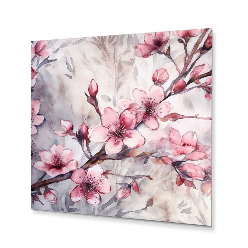 Fleur de cerisier rose I - décoration murale en métal, H 23 po x l 23 po x P 1 po