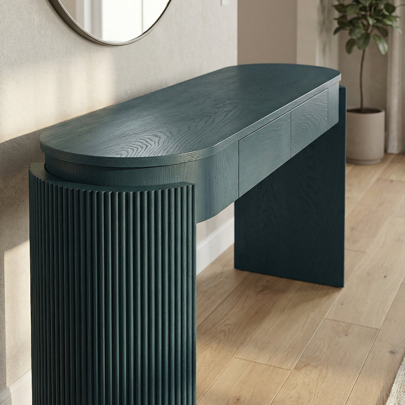 Elegant Oval Console Table With Fluted Details & Storage Drawers For Entryway, Navy