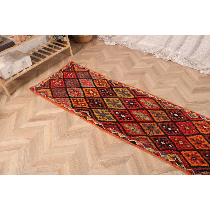 Handwoven Authentic Turkish Runner Rug in Striking Red with Traditional Anatolian Patterns
