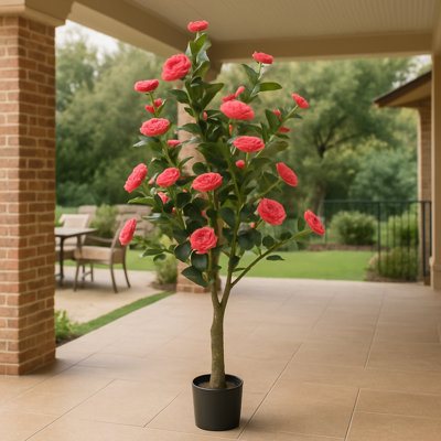 Arbre de floraison artificiel, plante de camélia rose de 5 pi de hauteur dans une base en ciment, décoration intérieure pour la maison ou le bureau, cadeau