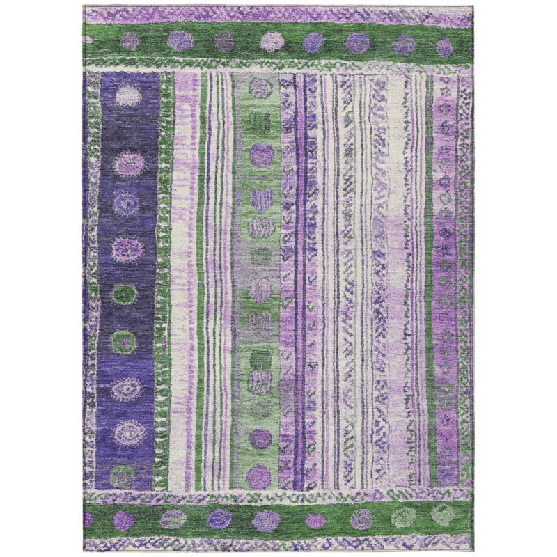 Tapis intérieur lavable rayé vert et mauve 8 pi x 10 pi
