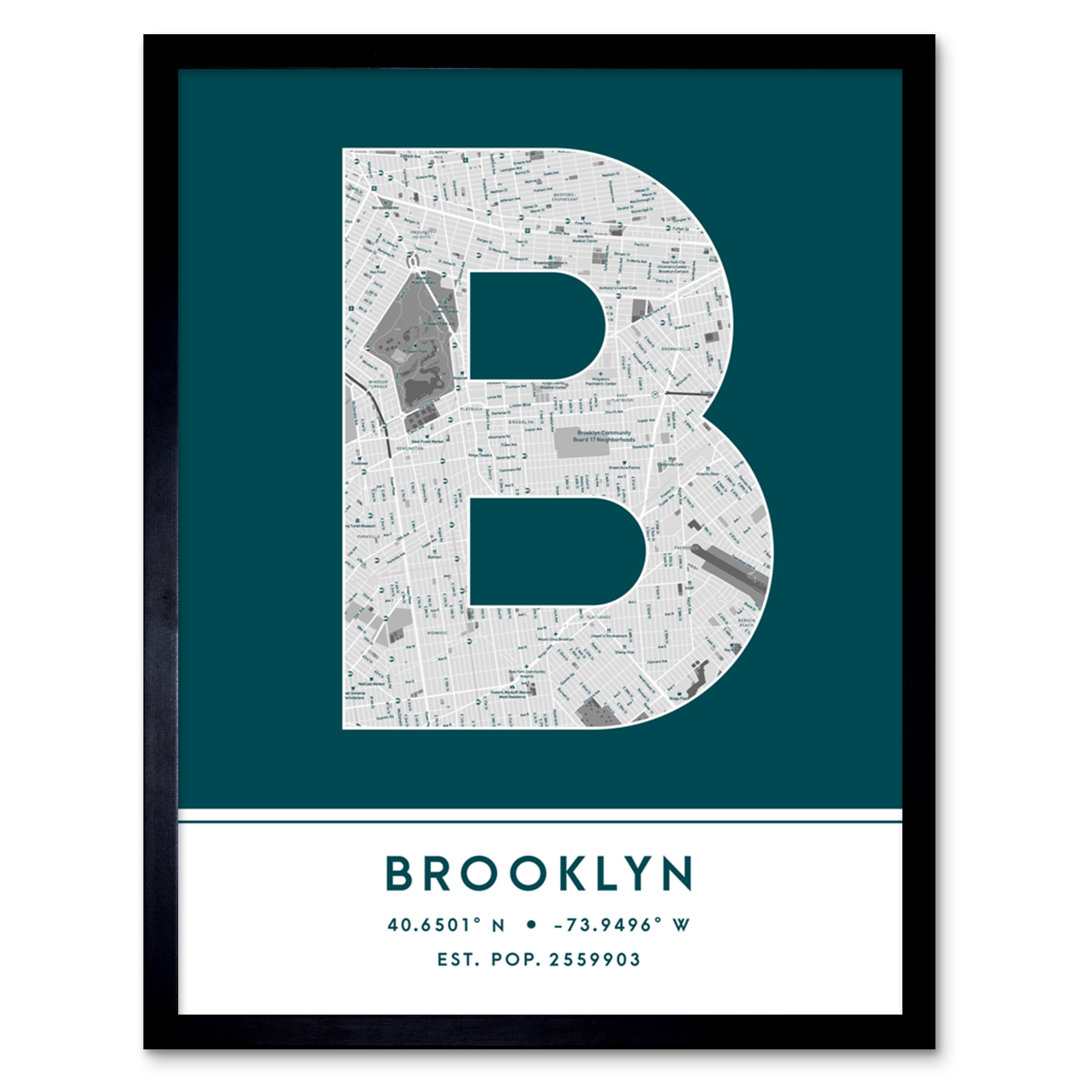 Brooklyn City Map Brooklyn Teal - Single Picture Frame Typography