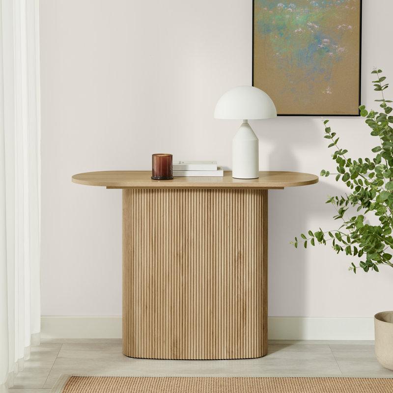 Penny Pillar Round Wood Console Table - Simple & Elegant Scandi Style, Oak