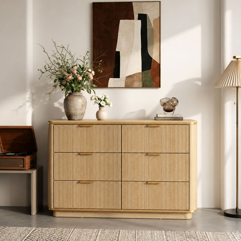 Commode à 6 tiroirs avec structure arrondie et bordure dorée Avalie, armoire de rangement naturelle pour chambre à coucher ou salon