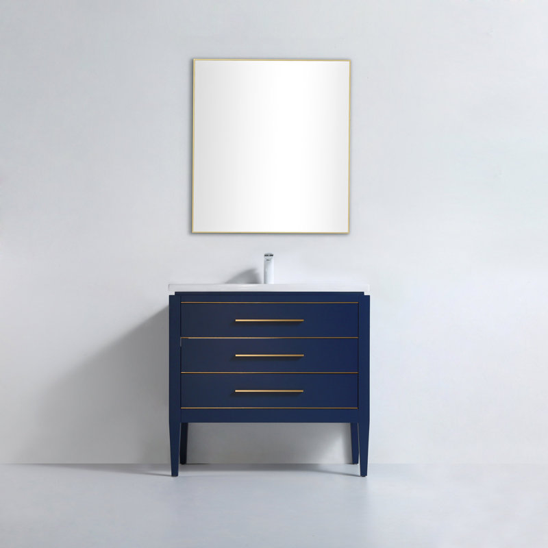 Shikhare 36'' Single Bathroom Vanity with White Ceramic Top – Soft Close Drawers & Freestanding Design, Blue/Gold