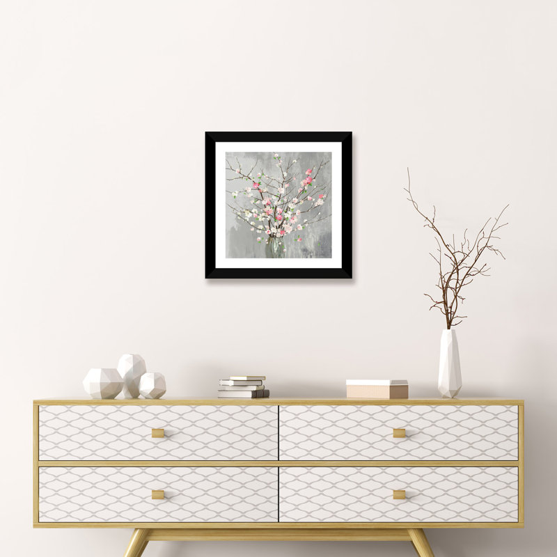 Délicates fleurs roses par Asia Jensen - reproduction d'art, H 16 po x l 16 po x p 1 po, Papier encadré noir