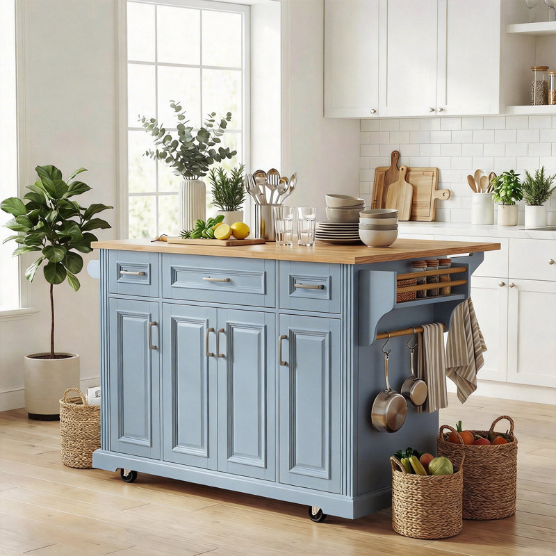 Grand îlot de cuisine à roulettes en bois d'hévéa avec rangement, Bleu