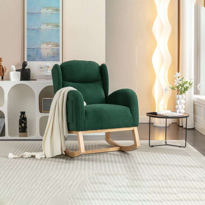 049-Chaise berçante en tissu avec pieds en bois, Vert