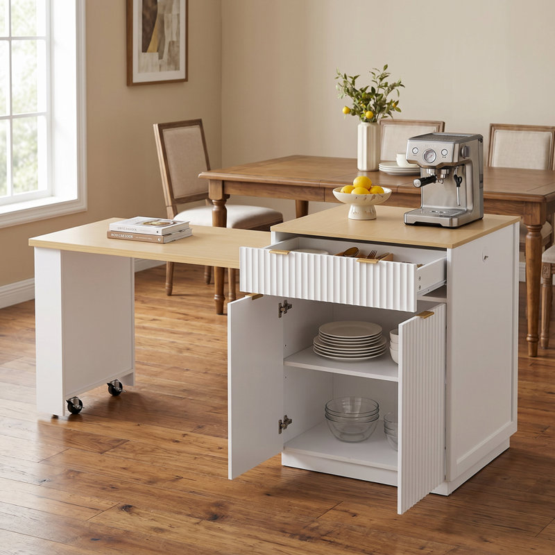 Table de cuisine 82,6 po en MDF avec rangement double-face, 2 tiroirs et 2 tablettes ouvertes blanches, White