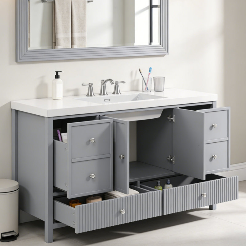 60" Single Bathroom Vanity, Gray/Silver