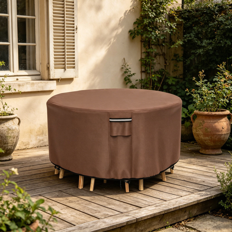 Housse de table ronde brune robuste avec évents, boucles et poignées