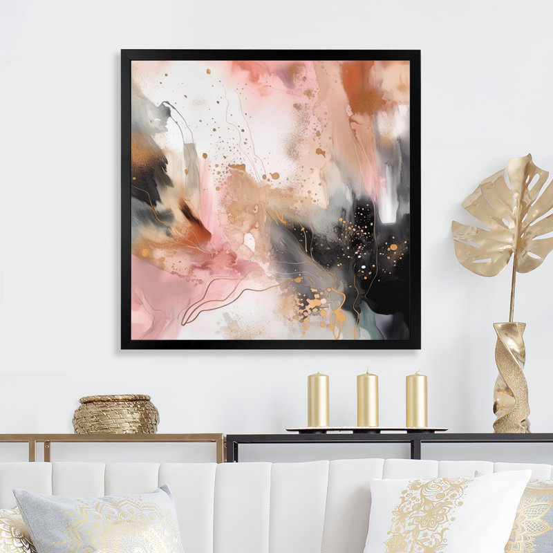 Texture de marbre rose doré III - impression sur toile de marbre abstrait, Impression noire sur toile encadrée