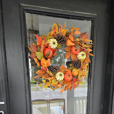 20" Autumn Wreath with Pumpkins Silk Leaves and Bows, Farmhouse Fall Decor for Front‑Door Patio Indoor‑Outdoor Thanksgiving
