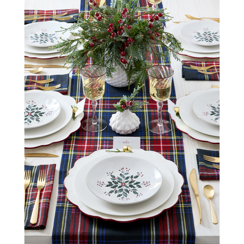 Stewart Plaid - 100% Pure Linen Christmas Table Runner, 60" x 14", Red/Black